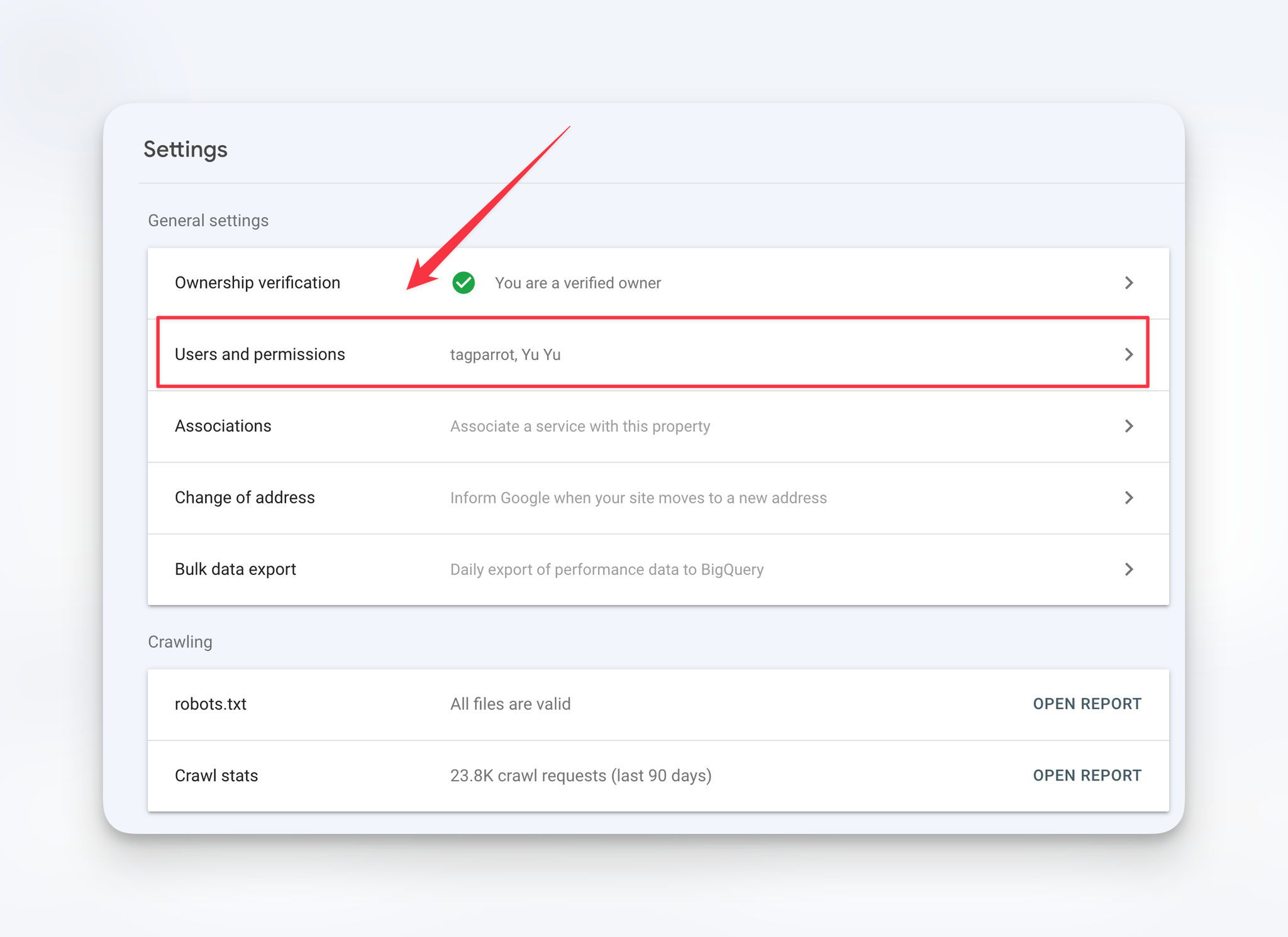 Google Search Console - Settings