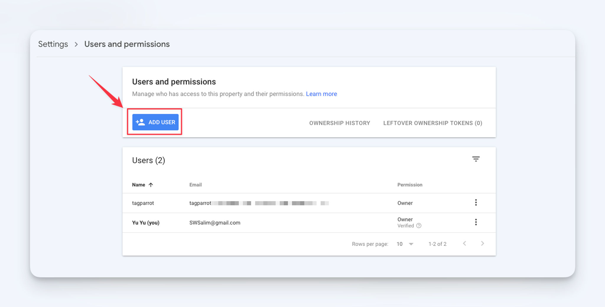 Google Search Console - Users and permissions