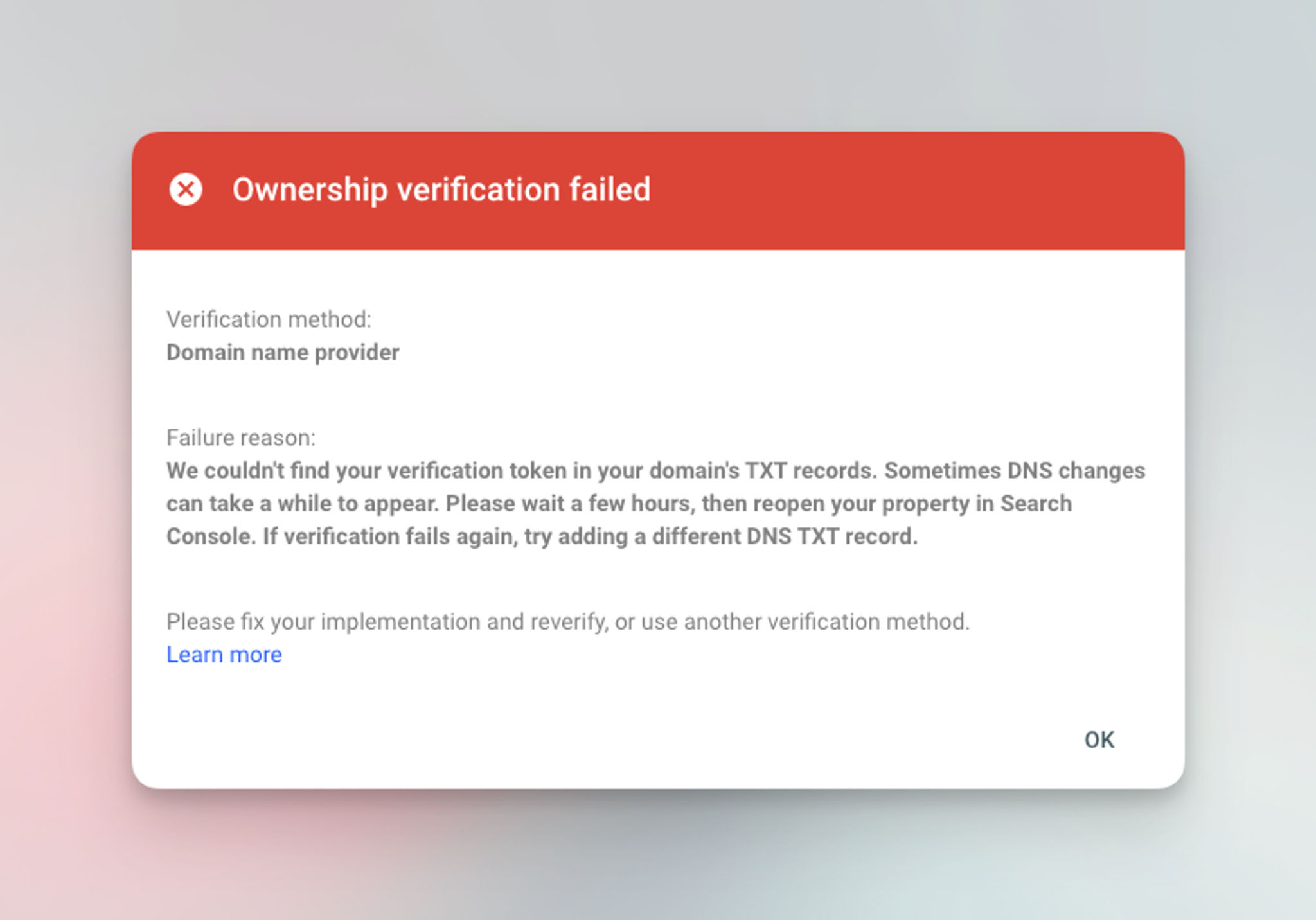 Google Search Console - Ownership verification failed