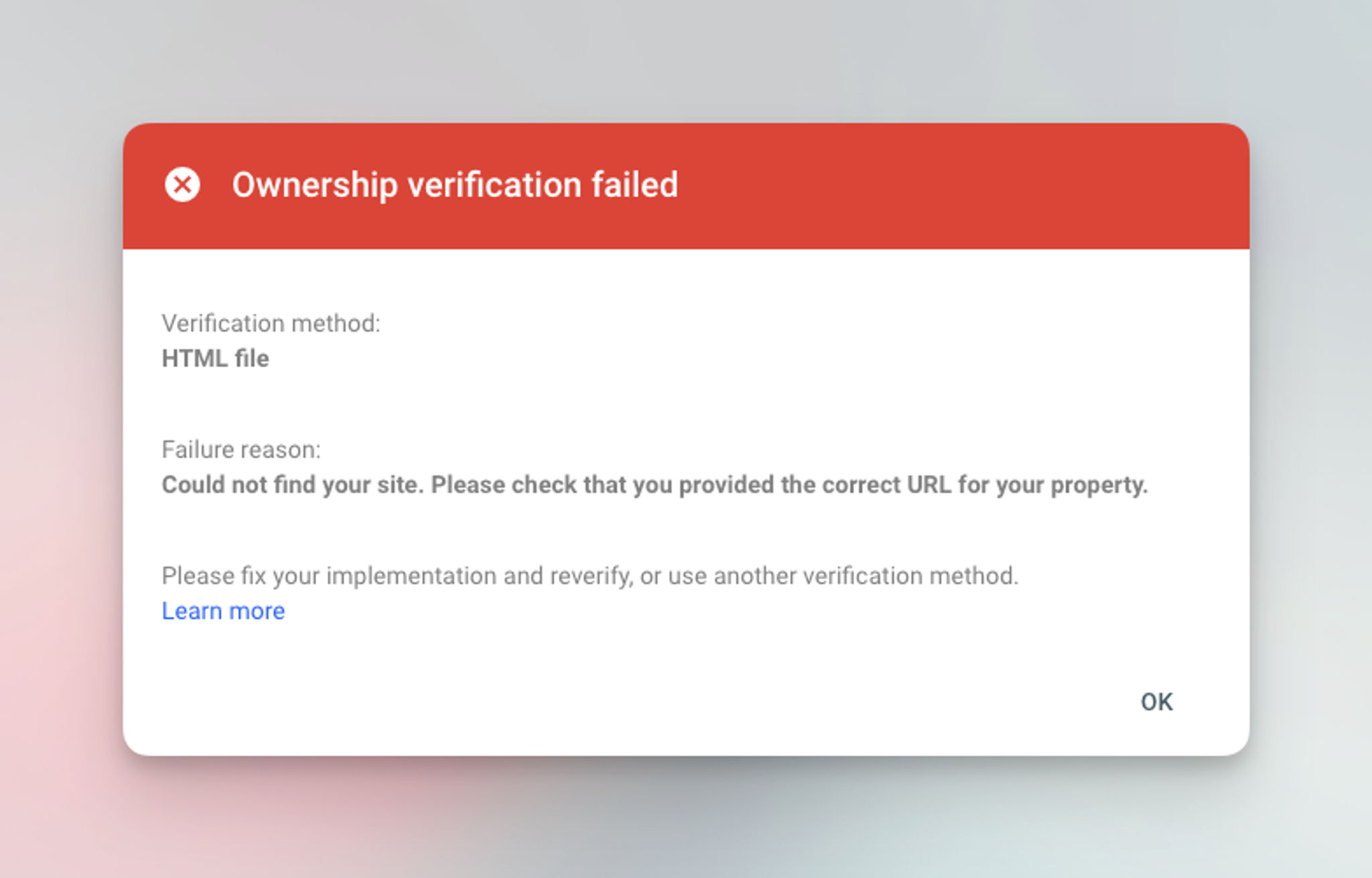 Google Search Console - Ownership verification failed