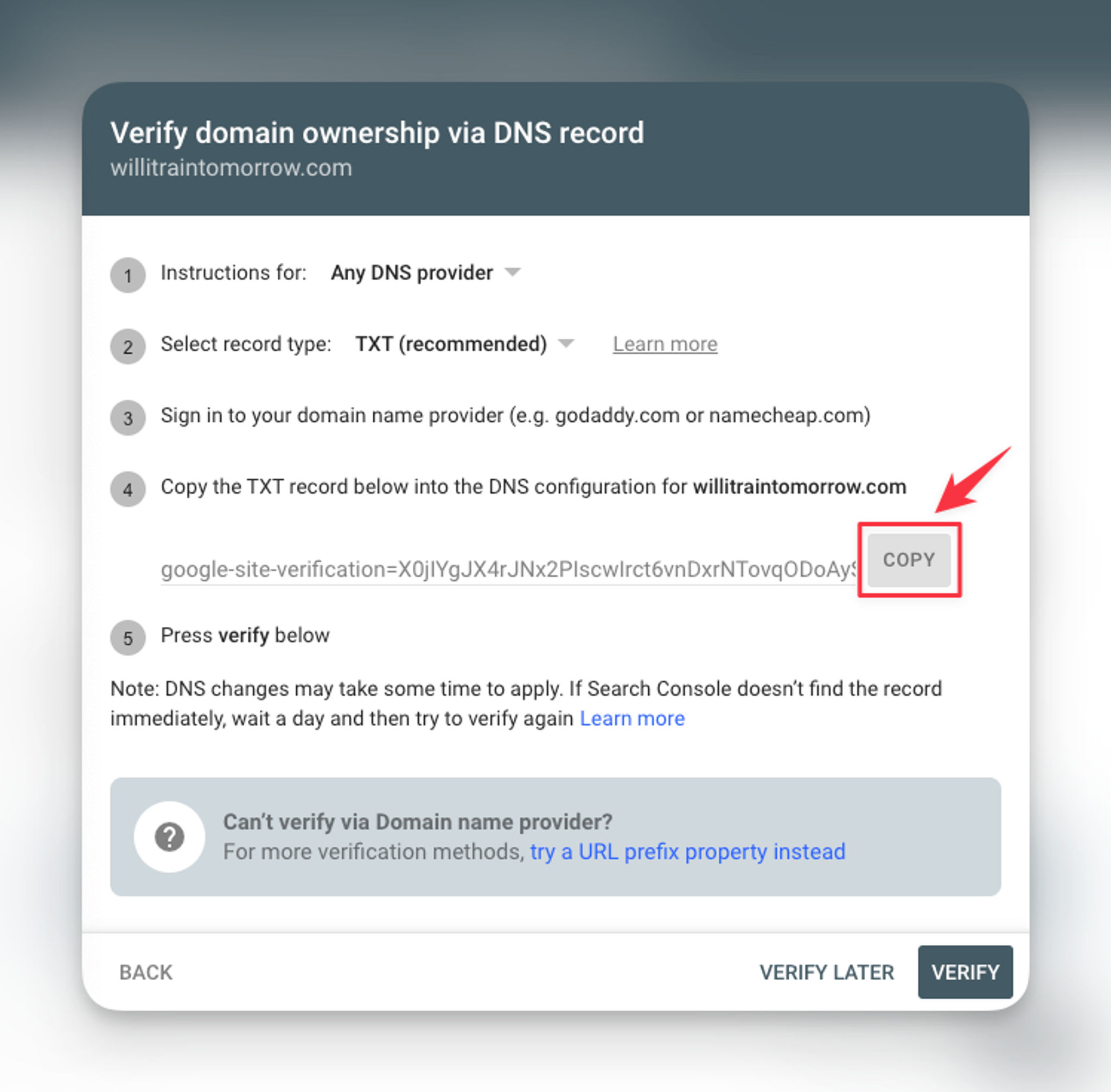 Google Search Console - Verify Domain Ownership TXT Record