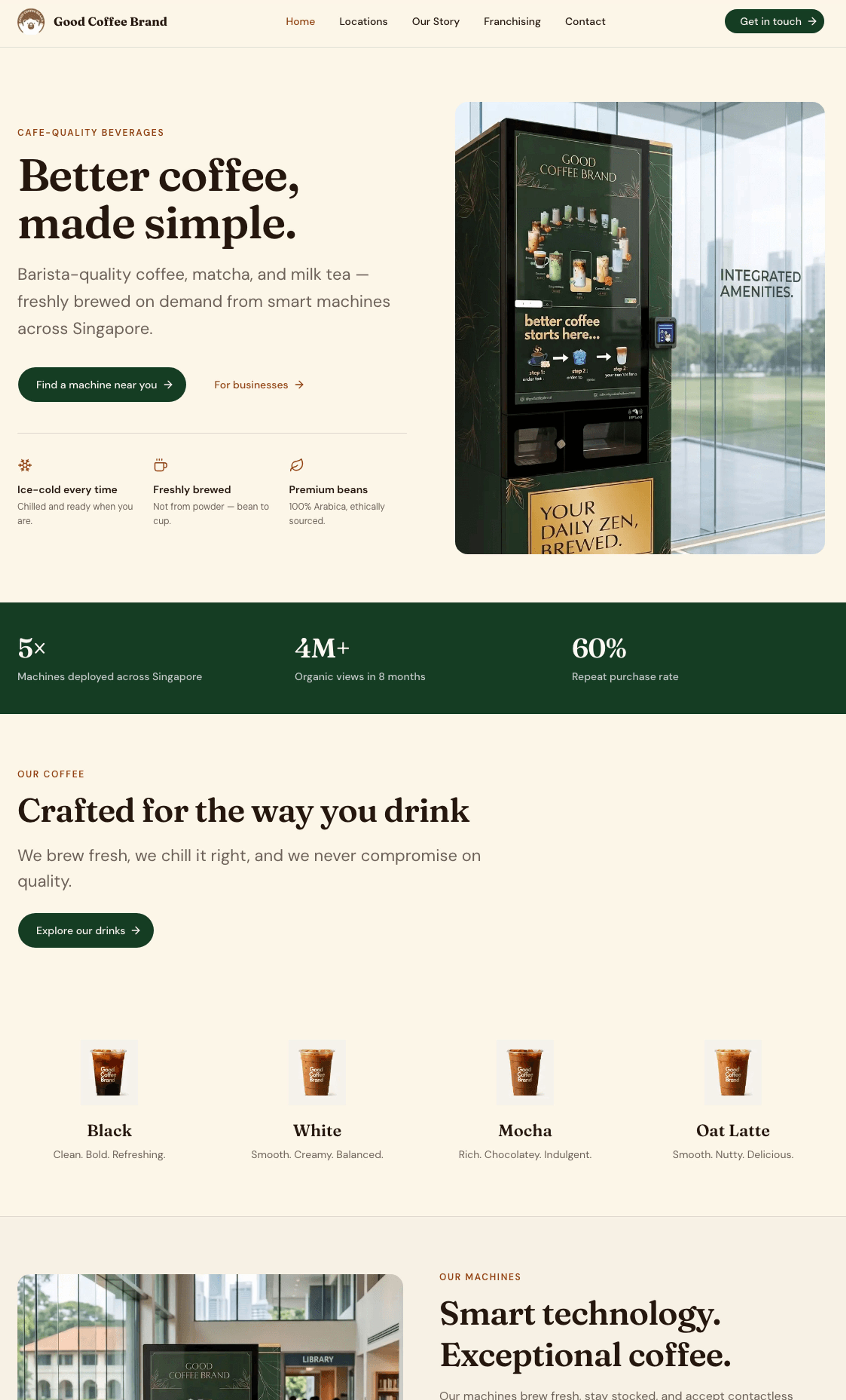 Good Coffee Brand website design concept — homepage with hero, coffee beans, and brewing guides