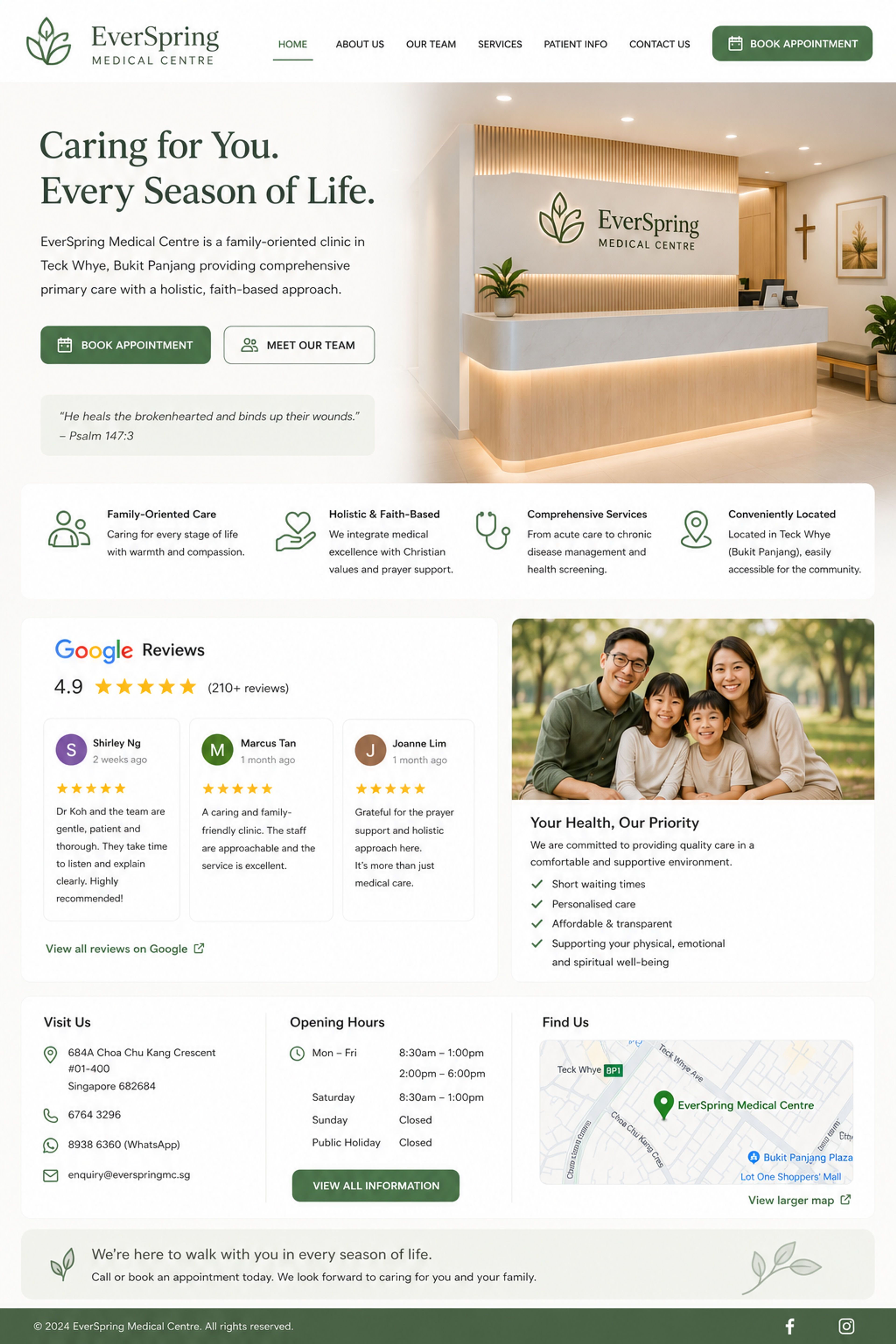 Medical clinic website design concept — homepage with hero, services, and Google reviews