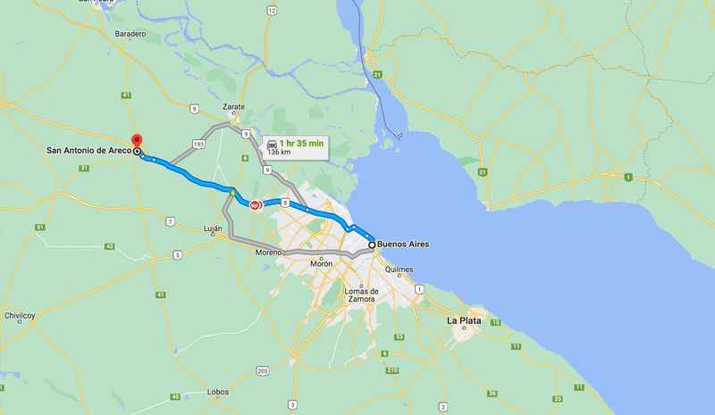Google Maps screenshot of Argentina to San Antonio de Areco