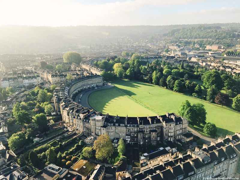 Aerial view of the city of Bath with crescent houses