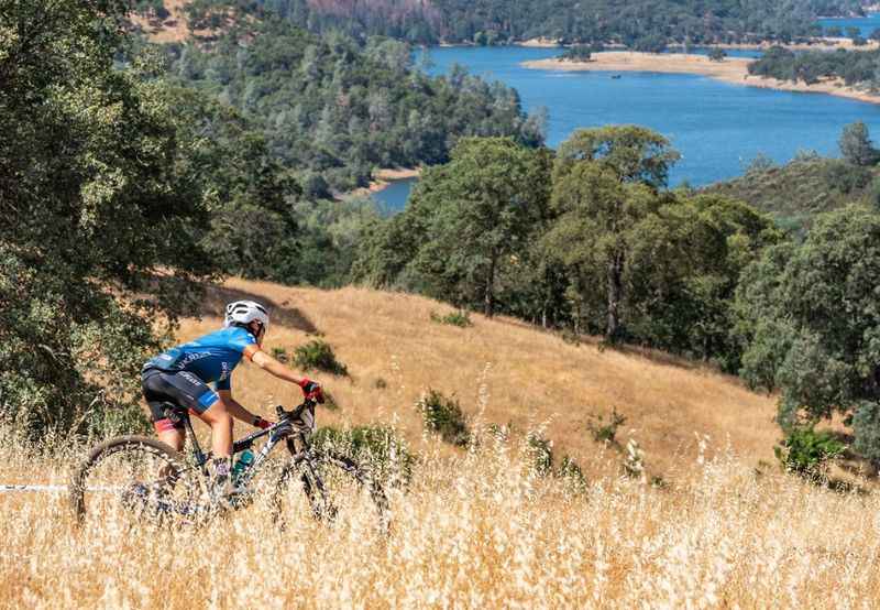 a man riding a bike through tall grass