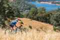 a man riding a bike through tall grass