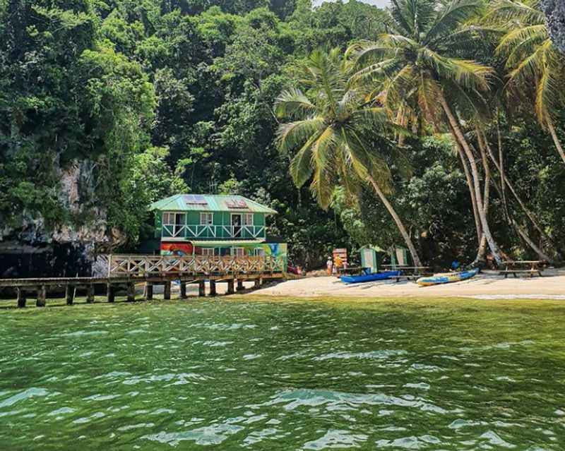 a house on the shore of a tropical island