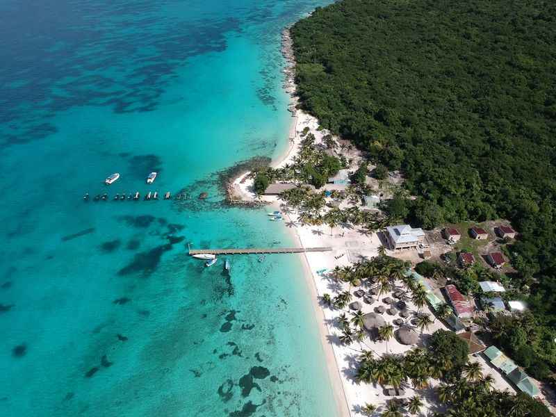 an aerial view of the beach and the resort