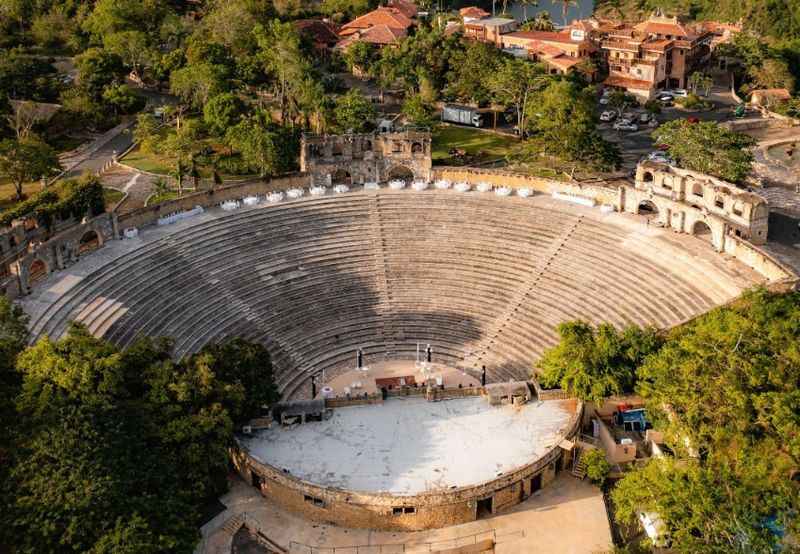 an aerial view of open colosseum without people