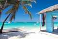 a beach hut with a thatched roof