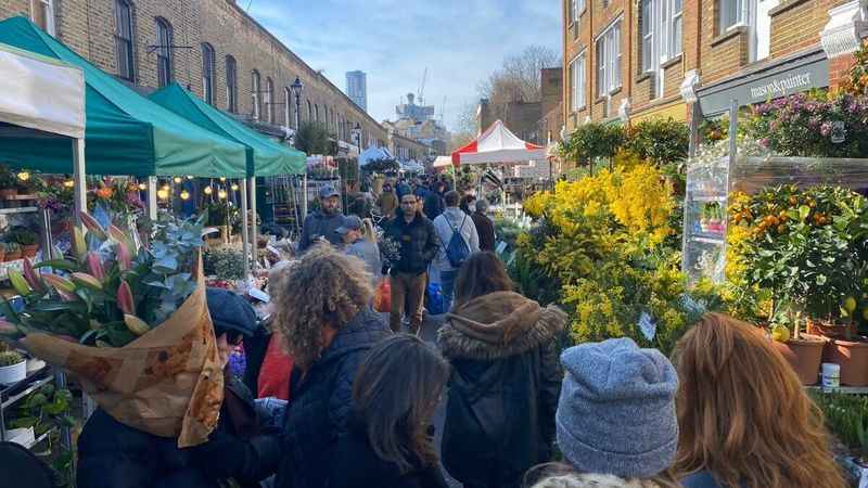 Crowd of people on narrow street with flowers on both sides