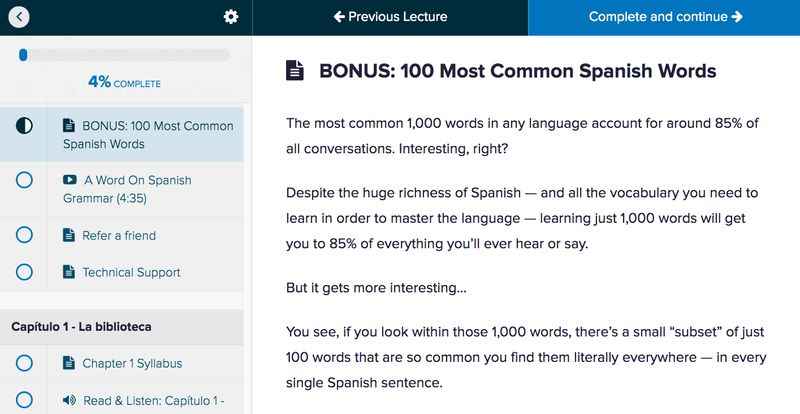 Online page of most common spanish words