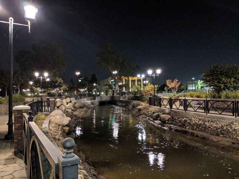 a river in a city at night