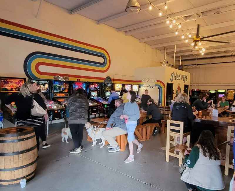 people are gathered around a bar with a dog