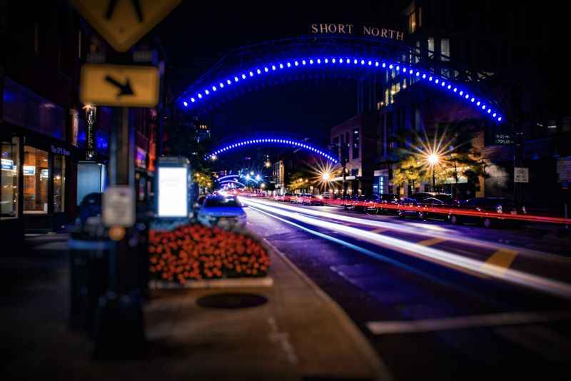 a street with a blue light on it