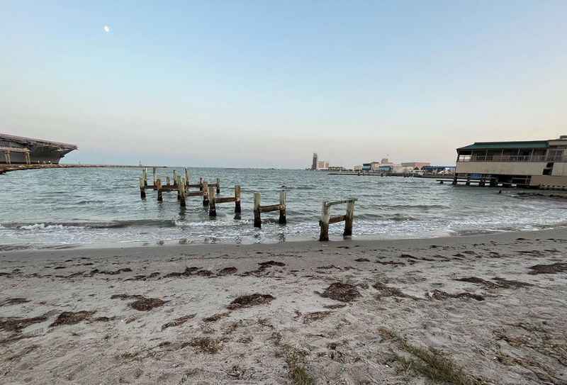 a calmed beach water during sunset