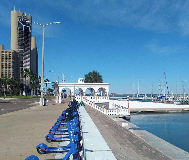 a row of blue colored scooter in front of pier