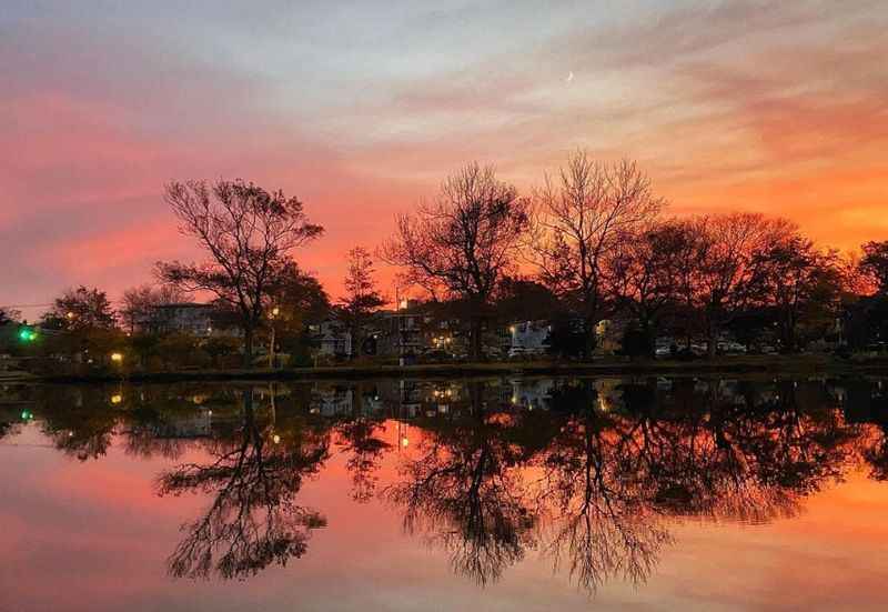 pink colored sunset over a lake with trees and houses