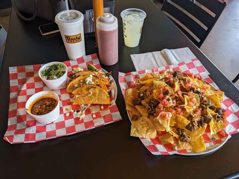 a table with two plates of food on it