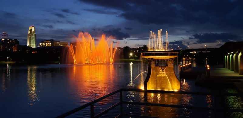 a fountain with lights