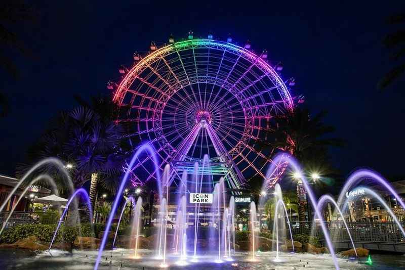 Colorful ferris wheel and fountain at night