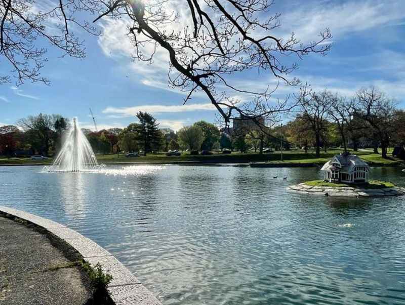 a pond with a fountain in the middle of it