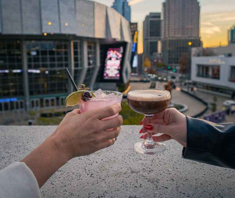 two people toasting cocktails on a rooftop