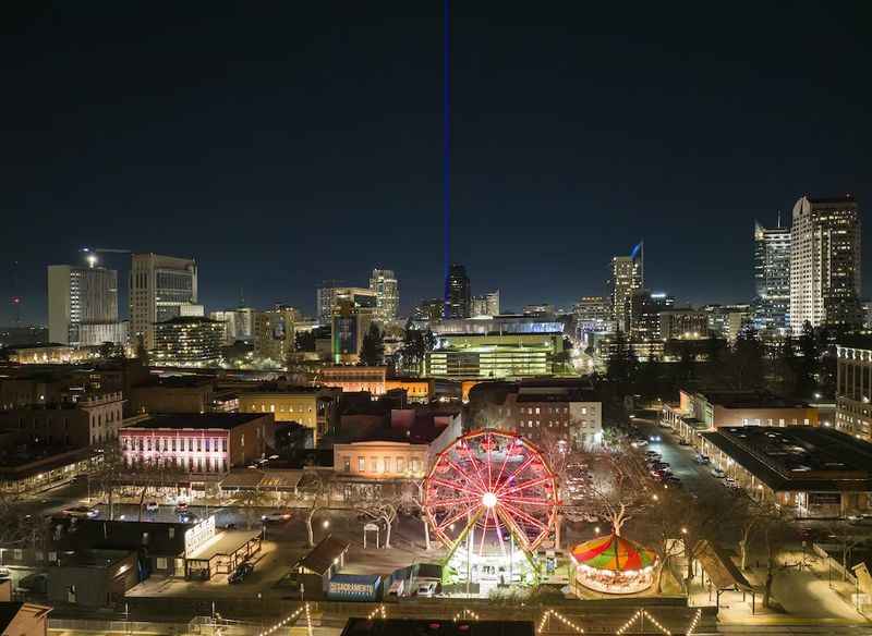 a ferris on a city skyline at night