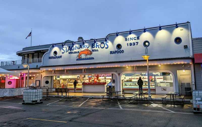 the exterior of the seafood restaurant at dusk