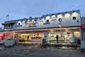 the exterior of the seafood restaurant at dusk