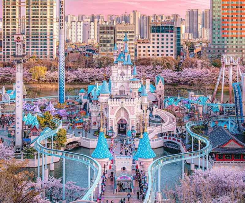 theme park with blue colored roof castle