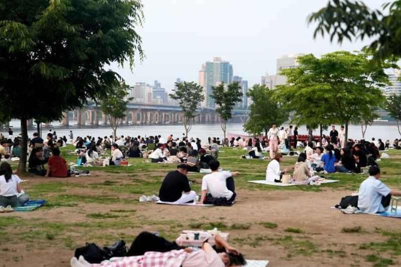 people are sitting on the grass near the water