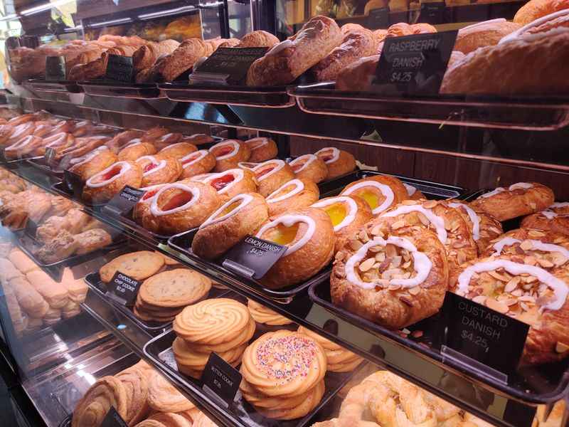 a display of pastries in a bakery