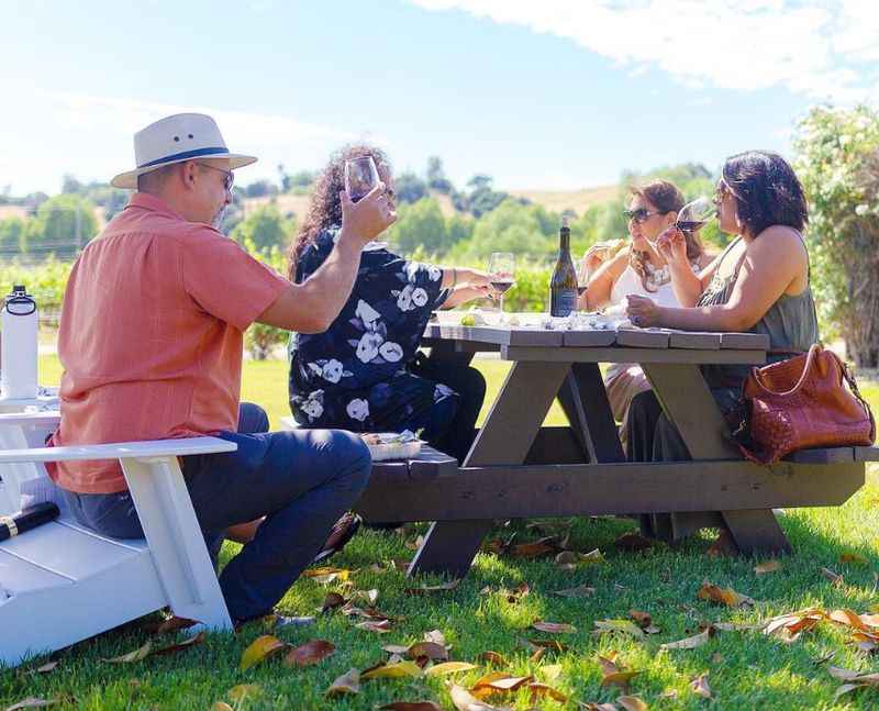 people sitting at a picnic table