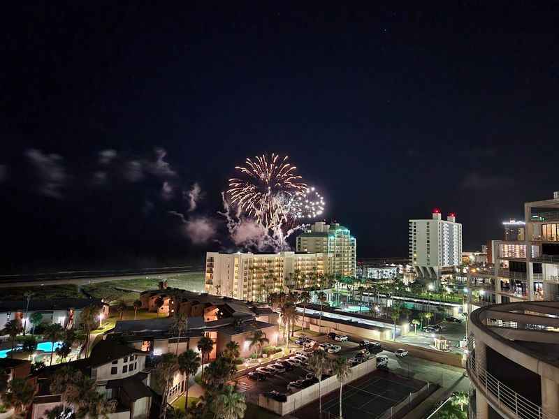 fireworks over the city at night