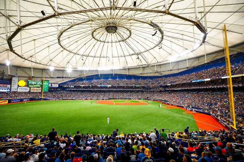 a baseball stadium filled with fans and a large dome