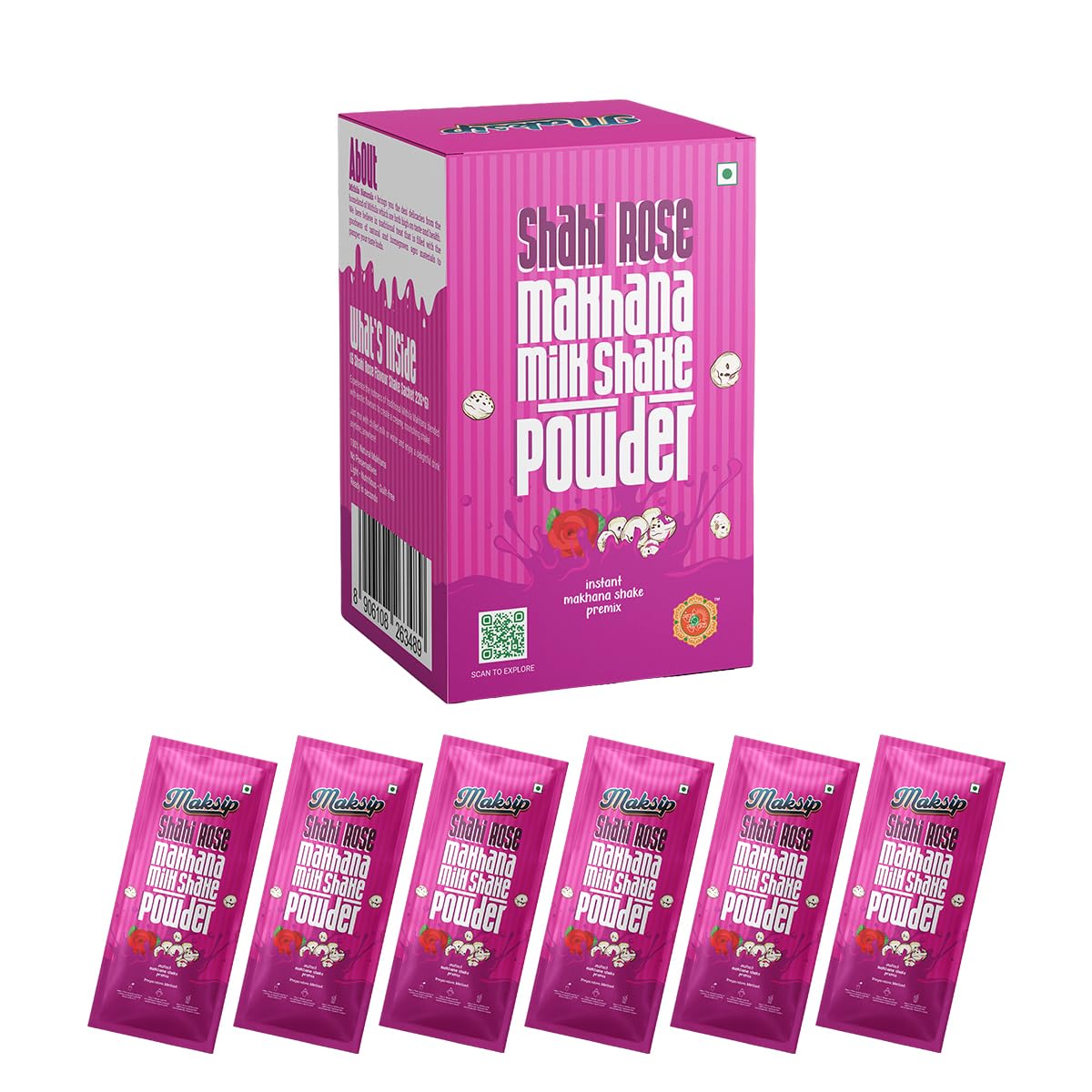 Mithila Naturals Maksip Instant Makhana Milk Shake Powder - 120 g (6*20g) | Shahi Rose Flavour