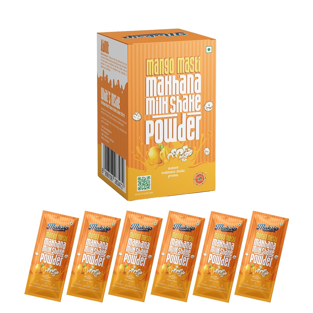 Mithila Naturals Maksip Instant Makhana Milk Shake Powder - 120 g (6*20g) | Mango Masti Flavour