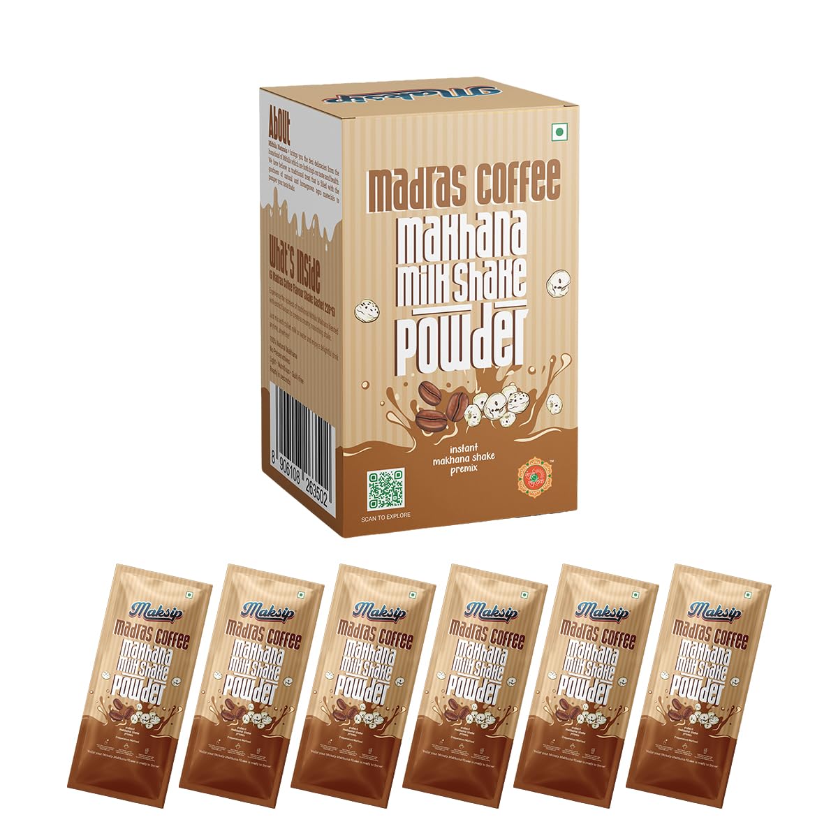 Mithila Naturals Maksip Instant Makhana Milk Shake Powder - 120 g (6*20g) | Madras Coffee Flavour