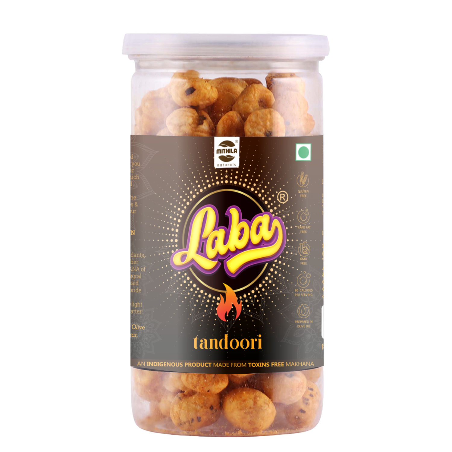 Mithila Naturals Laba Roasted Makhana - 85 g | Tandoori Flavour