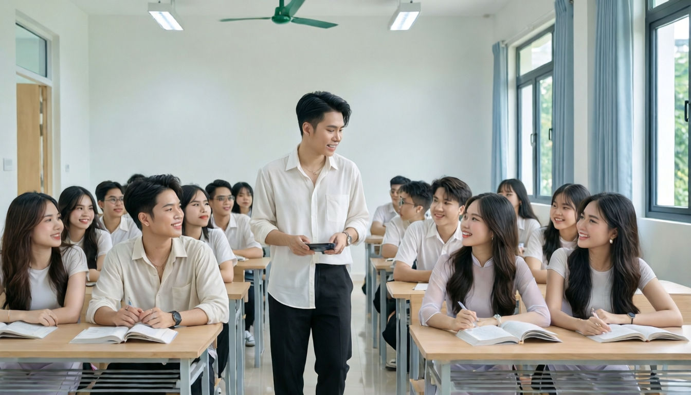Hình ảnh một lớp học tại trung tâm giáo dục với giáo viên và học sinh tương tác.