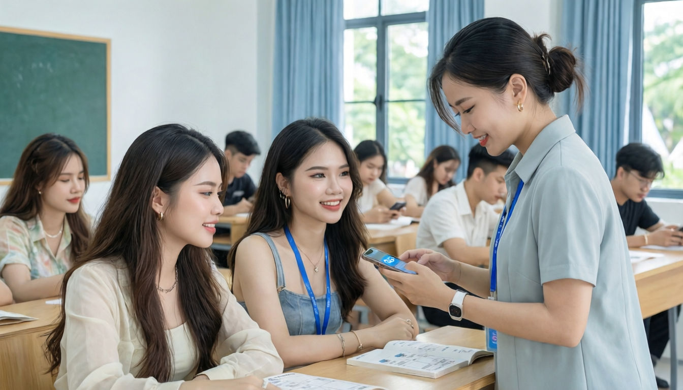 Trợ giảng đang sử dụng Zalo để điểm danh học viên