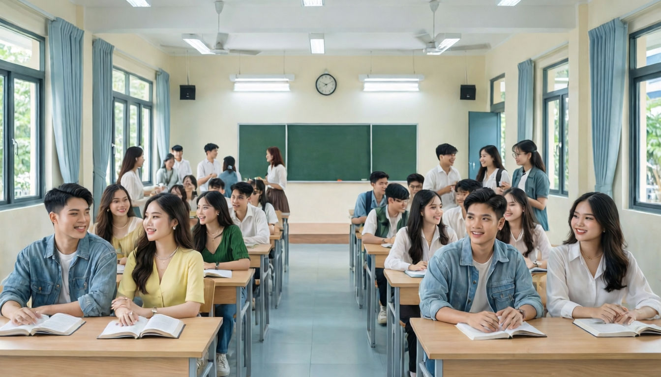 Cảnh quan trung tâm giáo dục với học viên và giáo viên tương tác