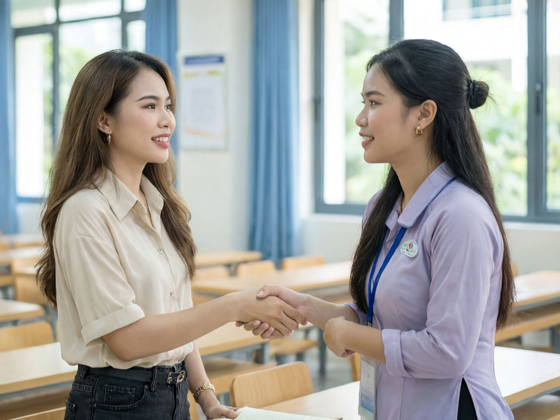 Giáo viên và trợ giảng bàn giao lớp học