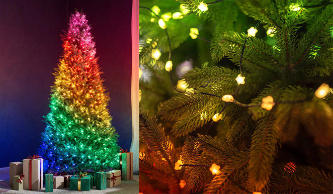 Sapin entièrement illuminé de guirlandes électriques multicolores
