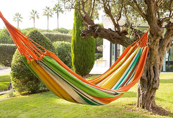 Hamac coloré suspendu entre deux arbres