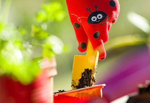 Gros plan sur un gant pour enfant utilisant un plantoir