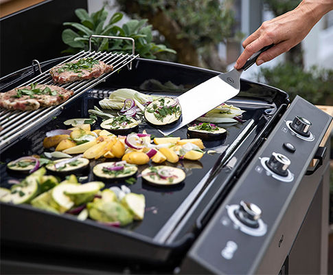 Grande plancha à gaz avec couvercle avec des aliments