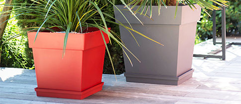 Pots de fleurs carrés hauts avec soucoupe, anthracite et rouge